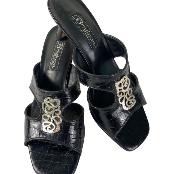 Brighton Tresor 7M Sandal Black Kitten Heel Silver Medallion Italy Leather - Picture 1 of 8